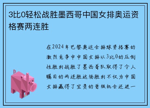 3比0轻松战胜墨西哥中国女排奥运资格赛两连胜