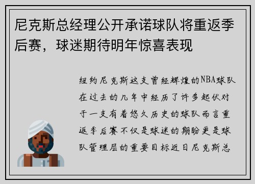 尼克斯总经理公开承诺球队将重返季后赛，球迷期待明年惊喜表现